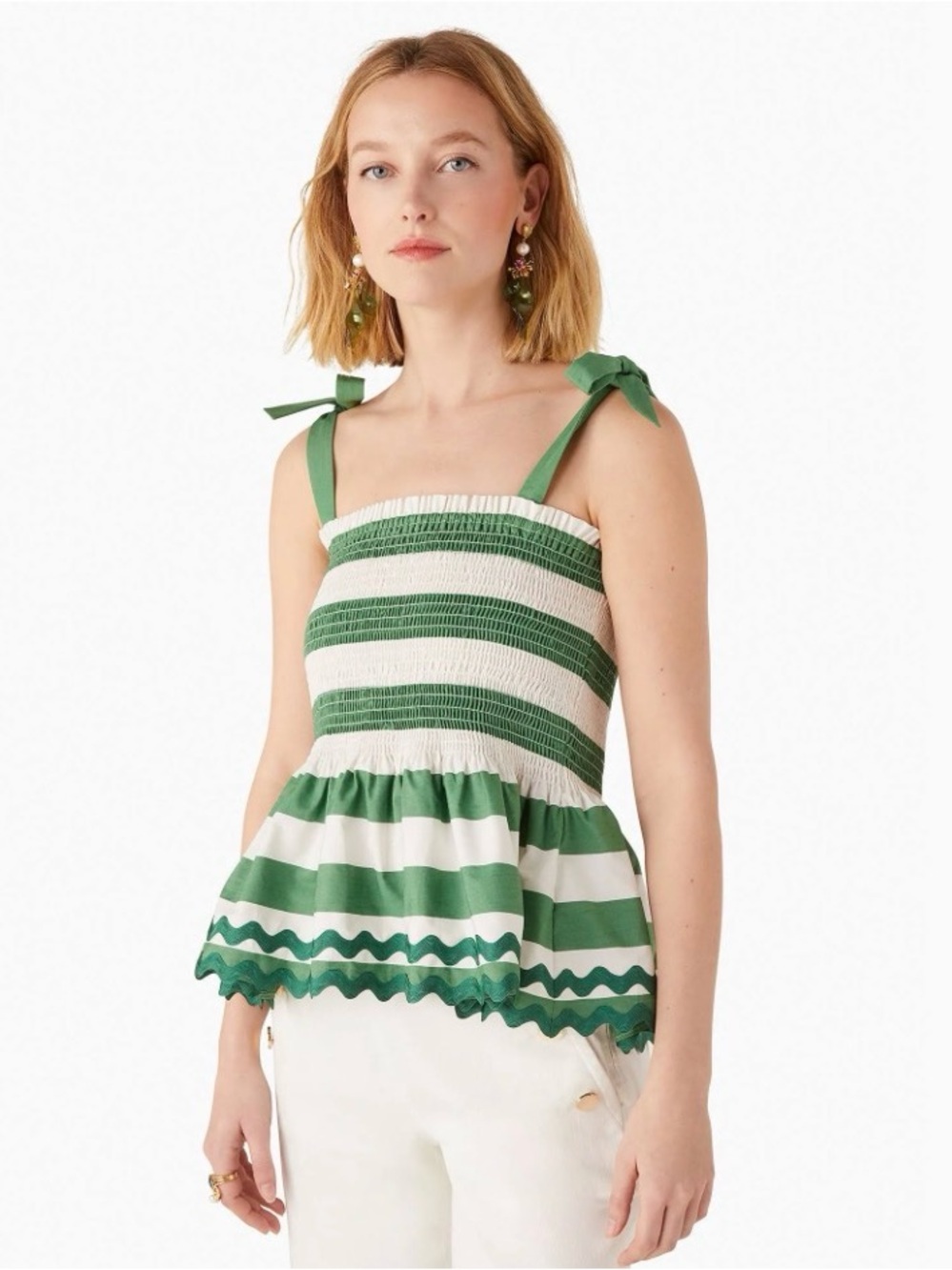 kate spade Green and White Striped Tie-Shoulder Peplum Camisole Top